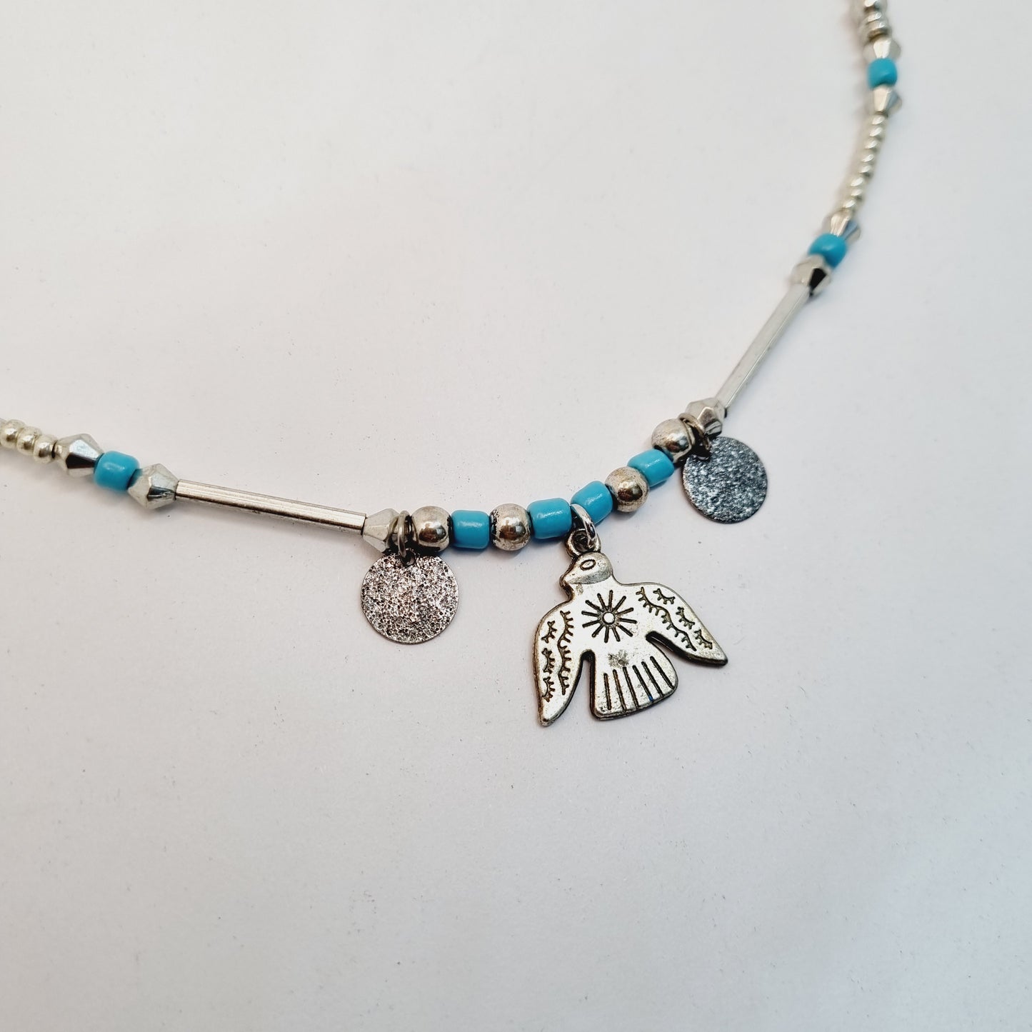 Collier femme perles argent turquoise oiseau Sora