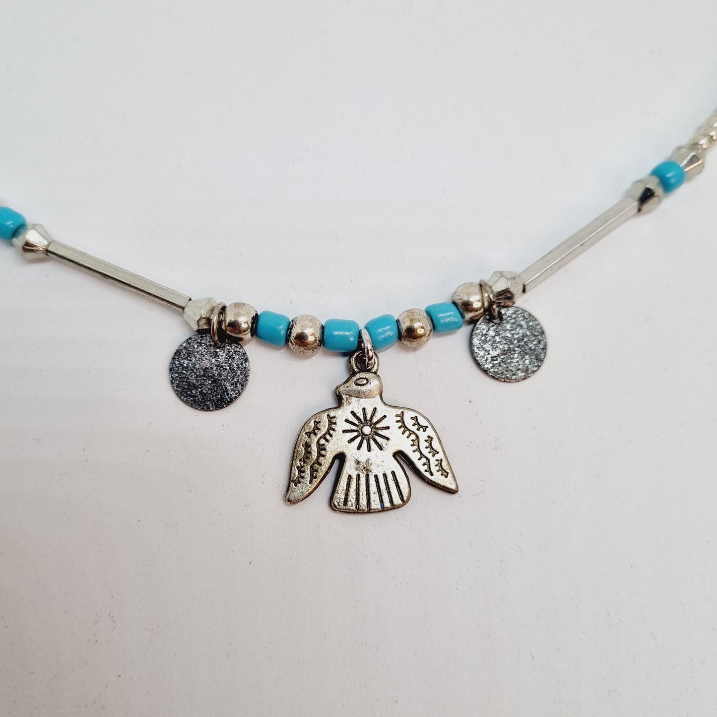 Collier femme perles argent turquoise oiseau Sora