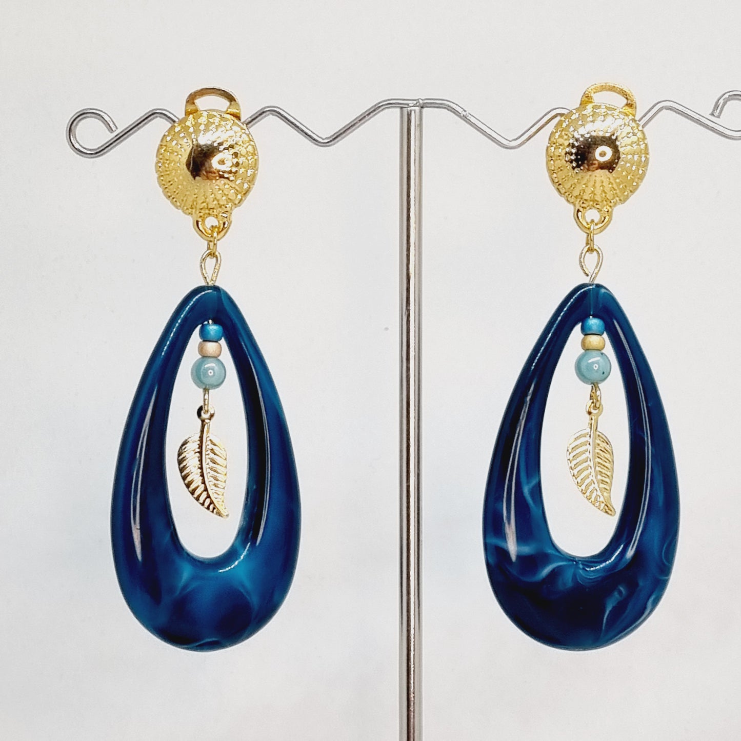 Clips d'oreilles pendant goutte bleu marbré PETRA