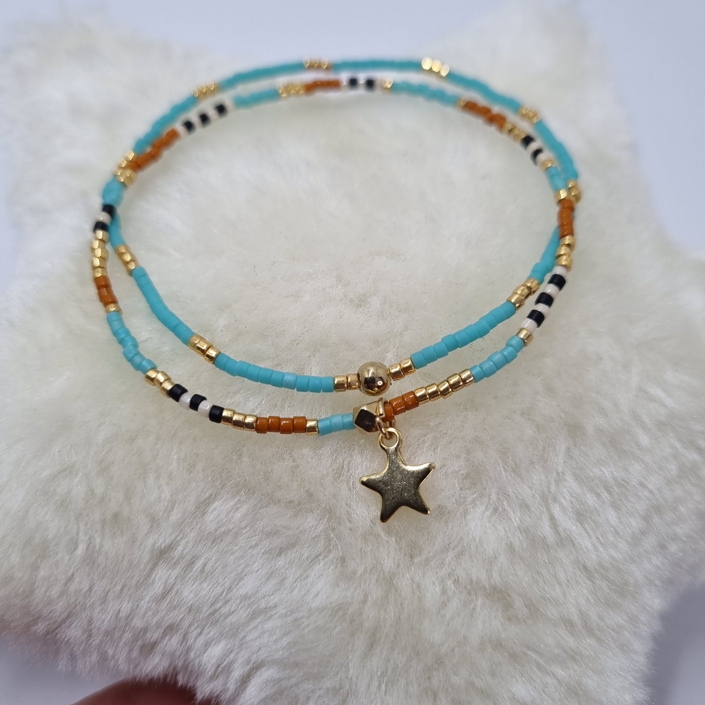 Bracelet double perles fines et étoile acier doré COSMOS
