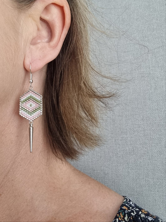 Boucles d'oreilles perles tissées kaki rose JEANNETTE