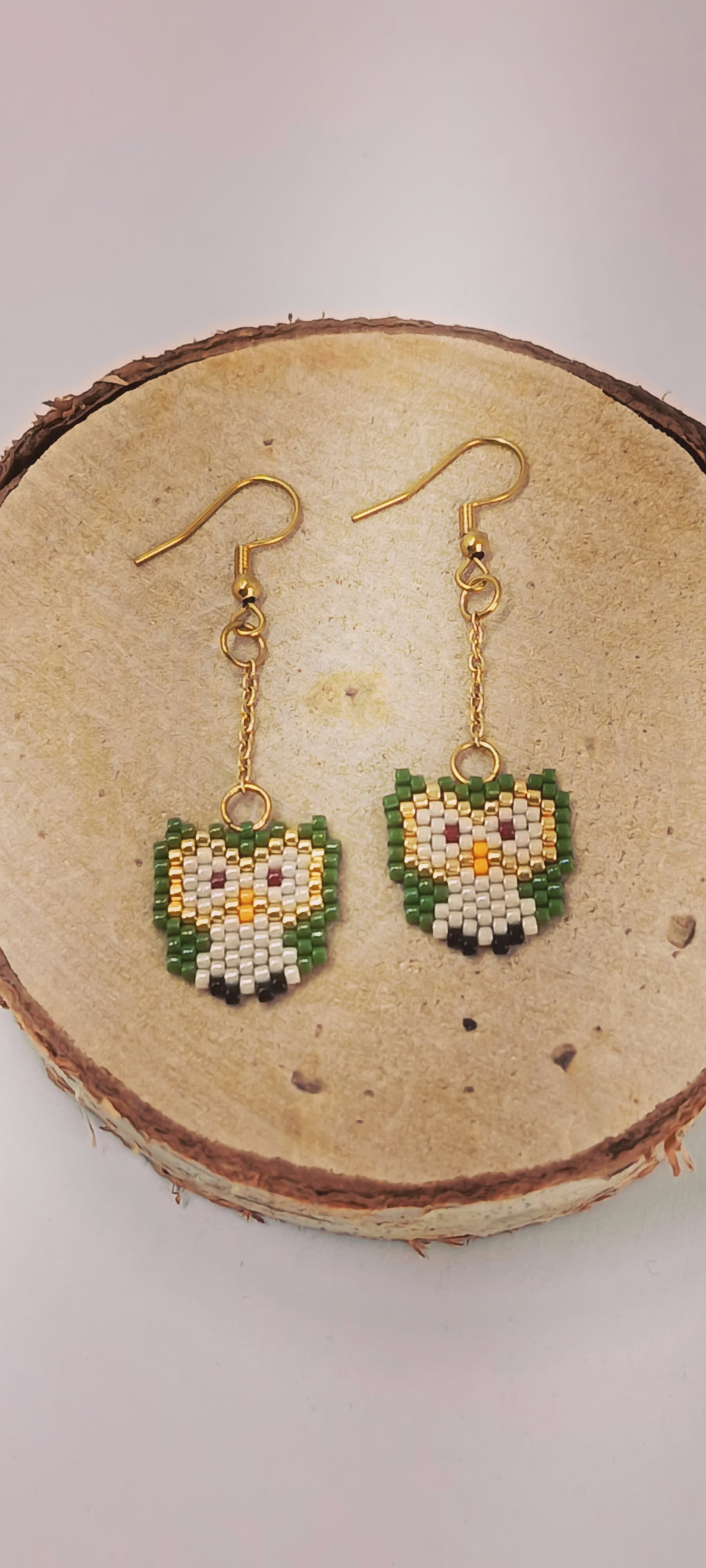 Boucles d'oreilles Chouette kaki et acier doré