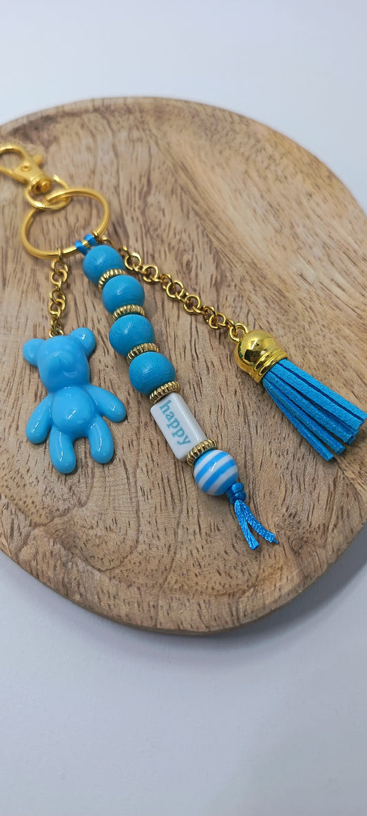 Bijou de sac porte clé bleu et doré Happy Teddy