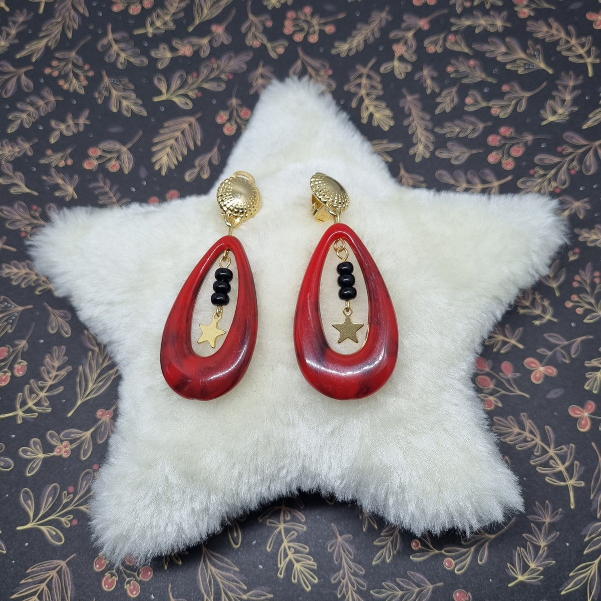 Clips d'oreilles goutte rouge marbré et doré Angèle