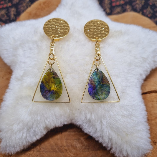 Clips d'oreilles placage or vert marbré PALOMA