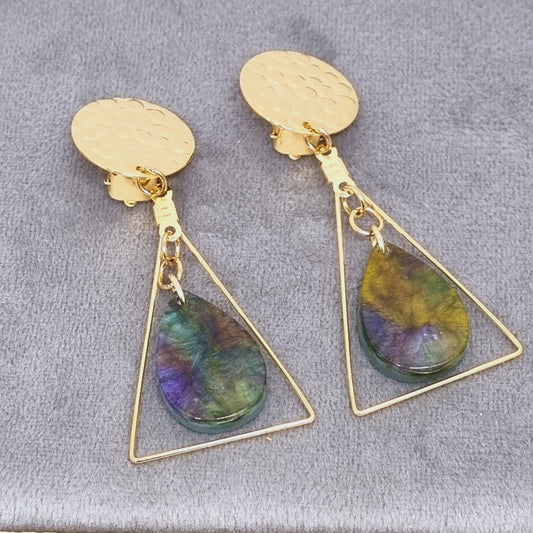 Clips d'oreilles placage or vert marbré PALOMA