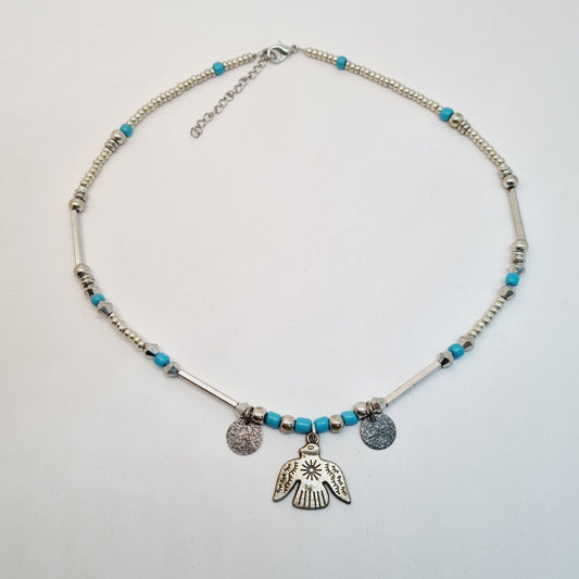 Collier femme perles argent turquoise oiseau Sora