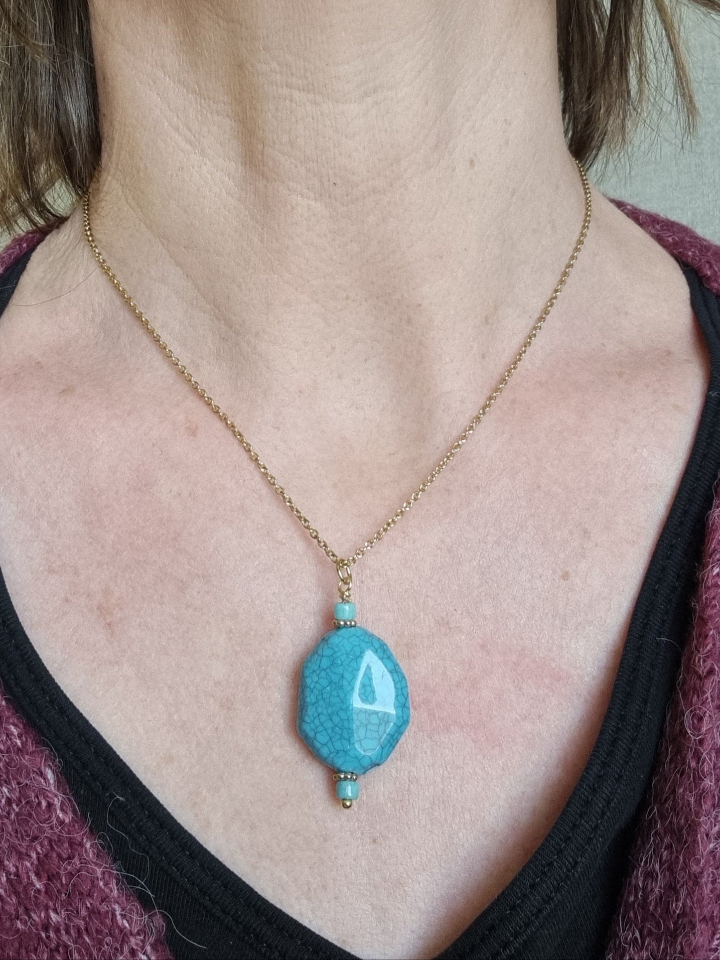 Collier pendentif turquoise acier doré GLORIA