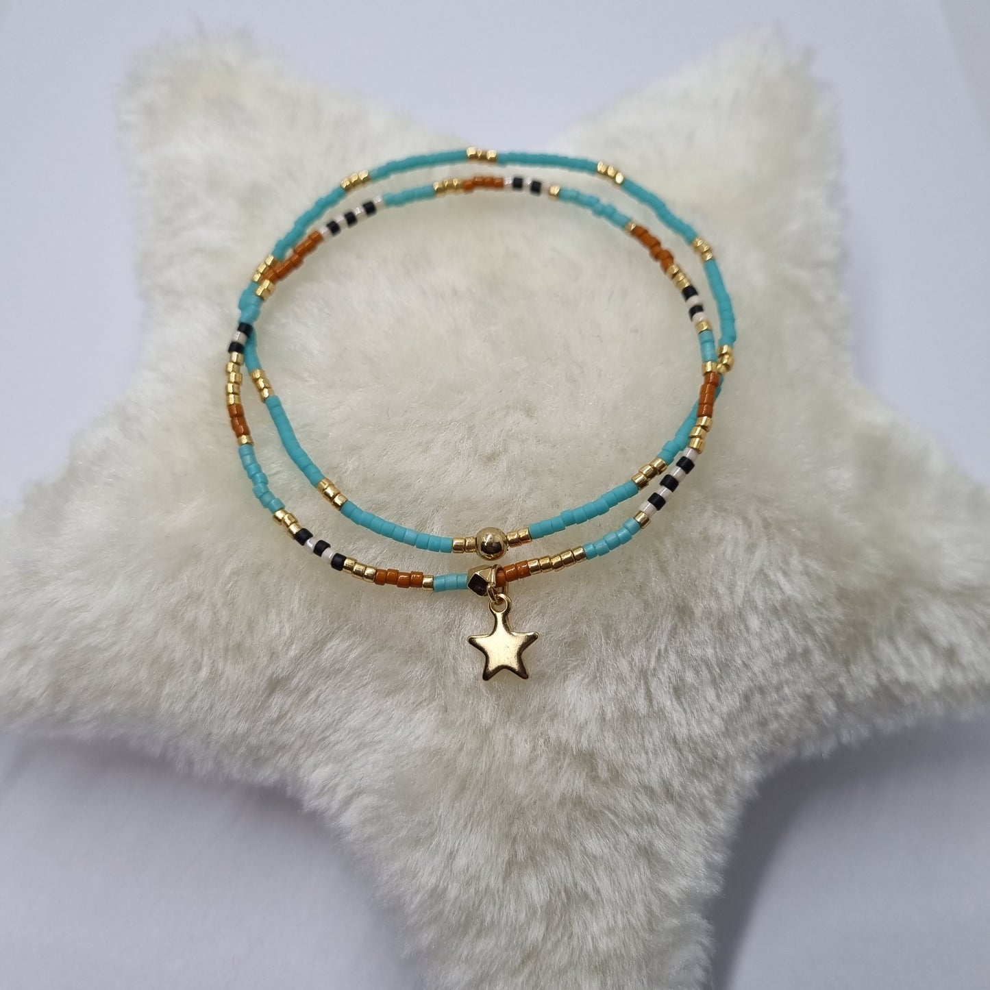 Bracelet double perles fines et étoile acier doré COSMOS