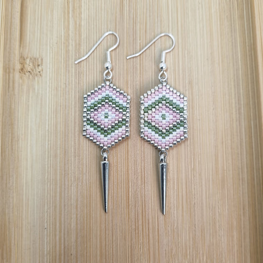 Boucles d'oreilles perles tissées kaki rose JEANNETTE