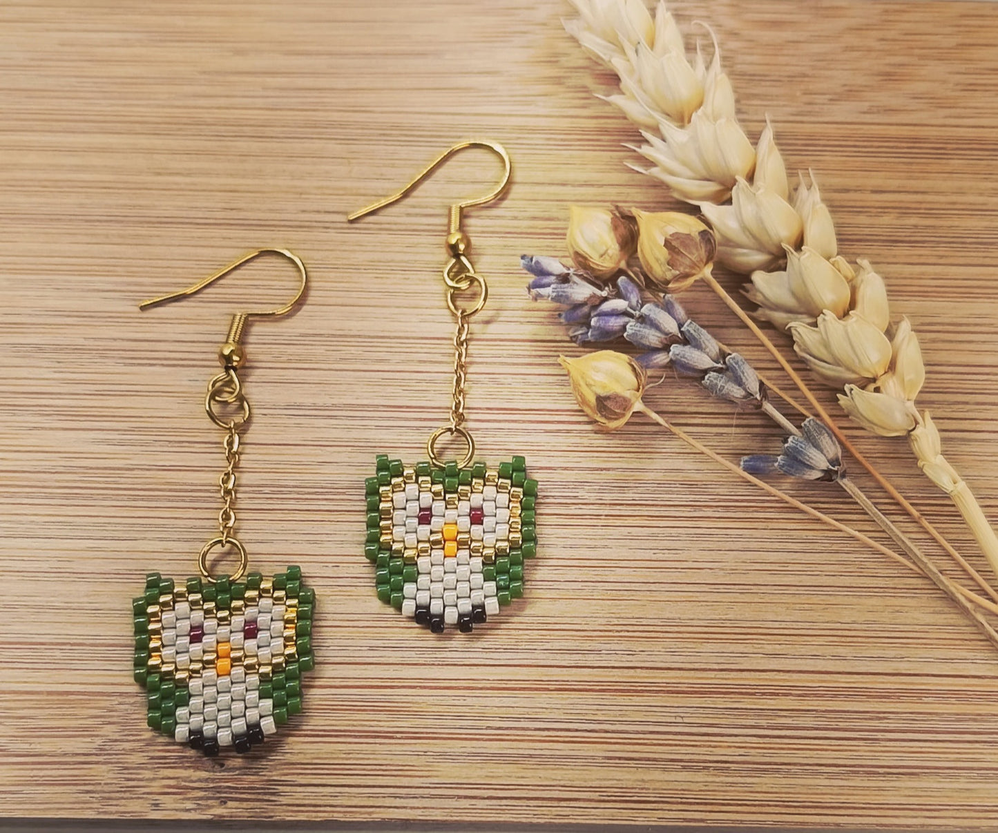 Boucles d'oreilles Chouette kaki et acier doré