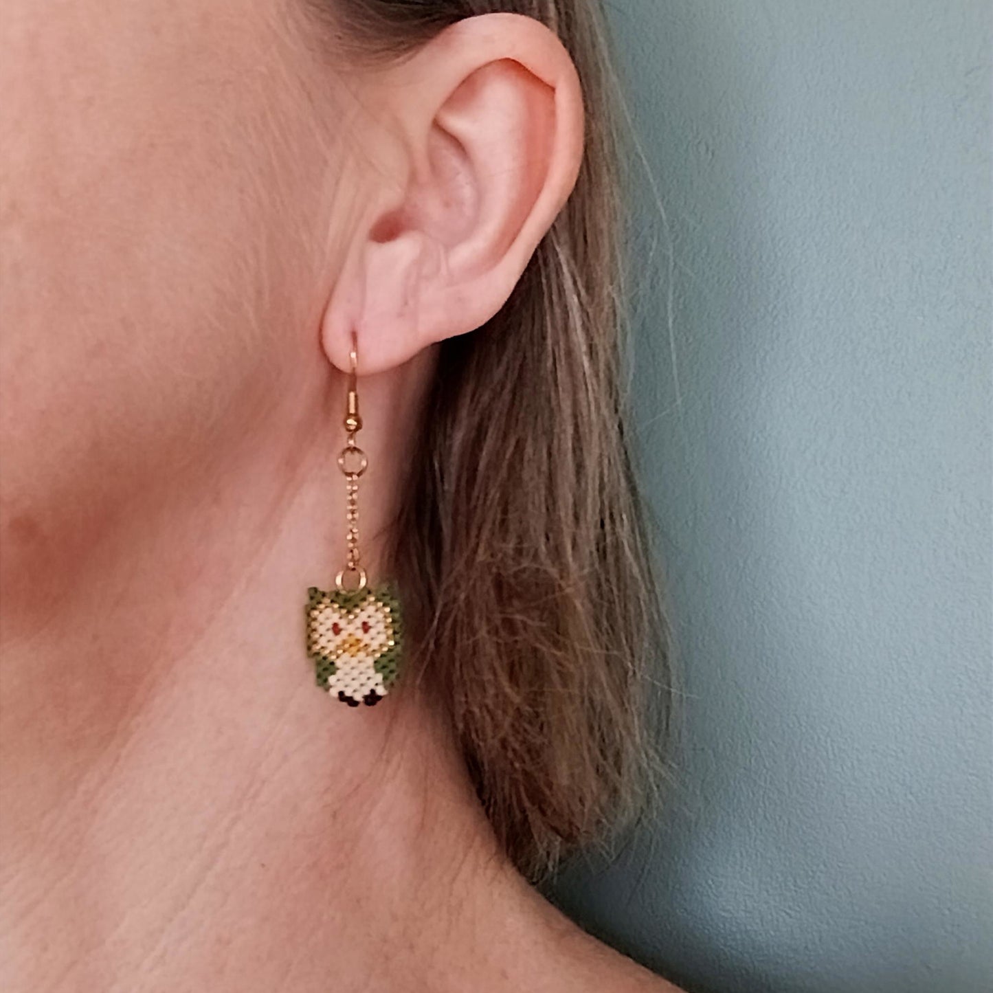 Boucles d'oreilles Chouette kaki et acier doré