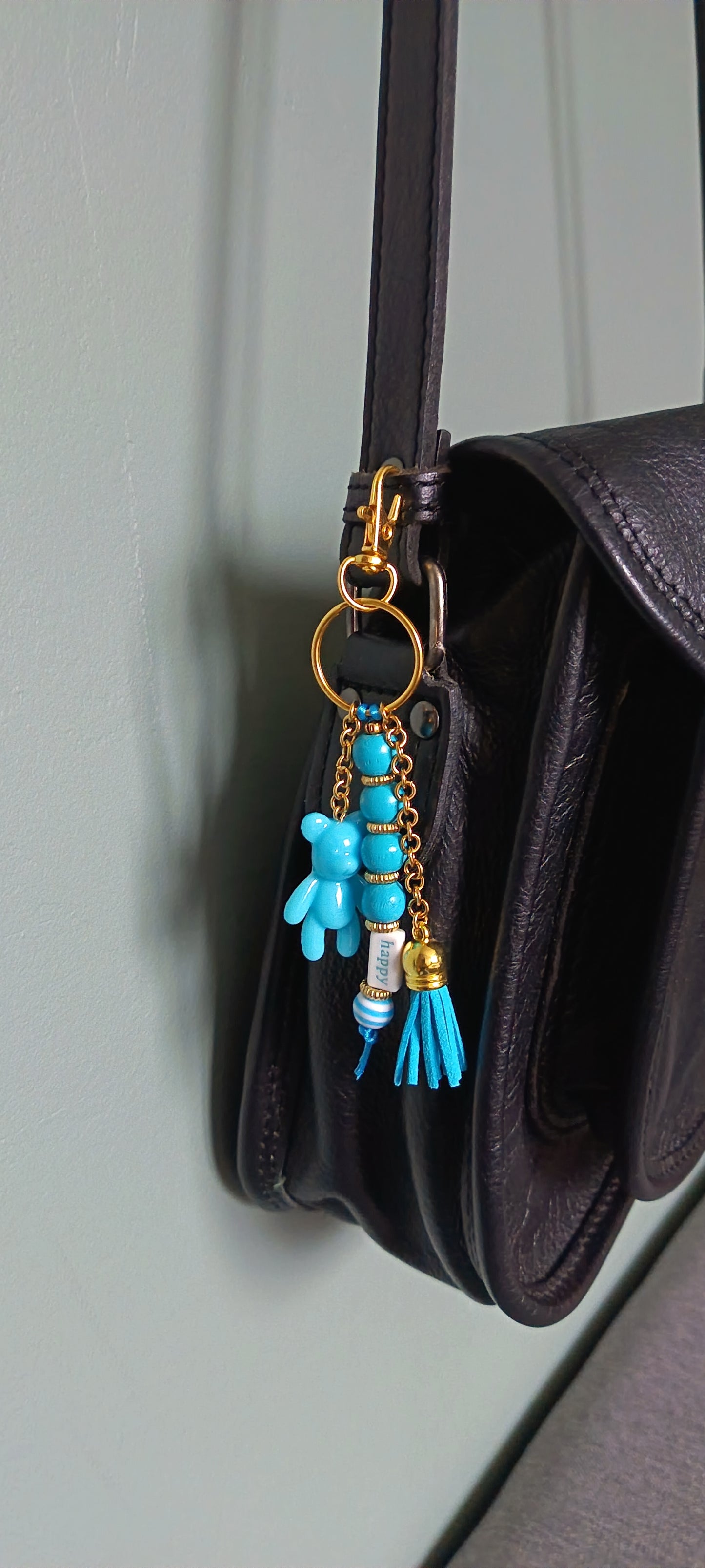 Bijou de sac porte clé bleu et doré Happy Teddy